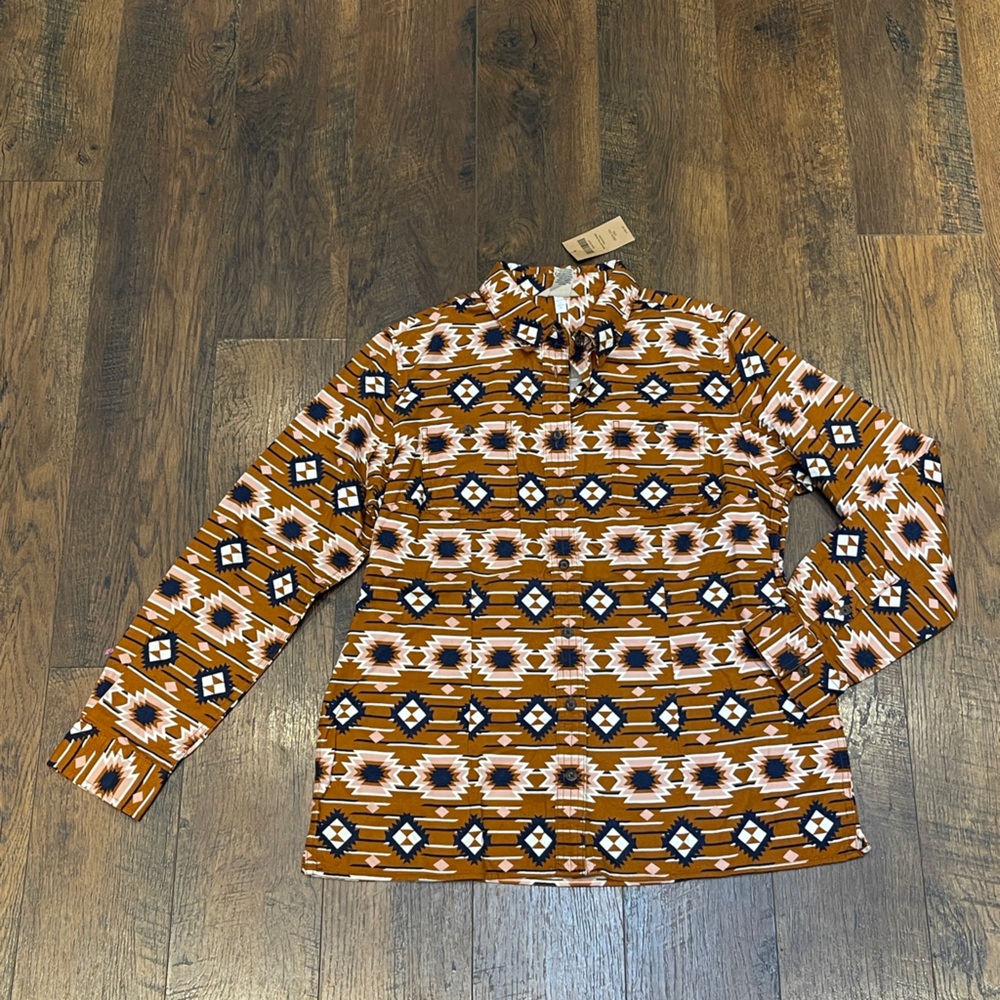 Duluth Trading Company Brown Aztec Southwestern Button Up Flannel Top Size lg